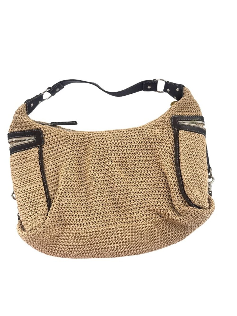 The Sak Beige Crochet Boho Shoulder Bag With Leather Trim Green Lining Summer